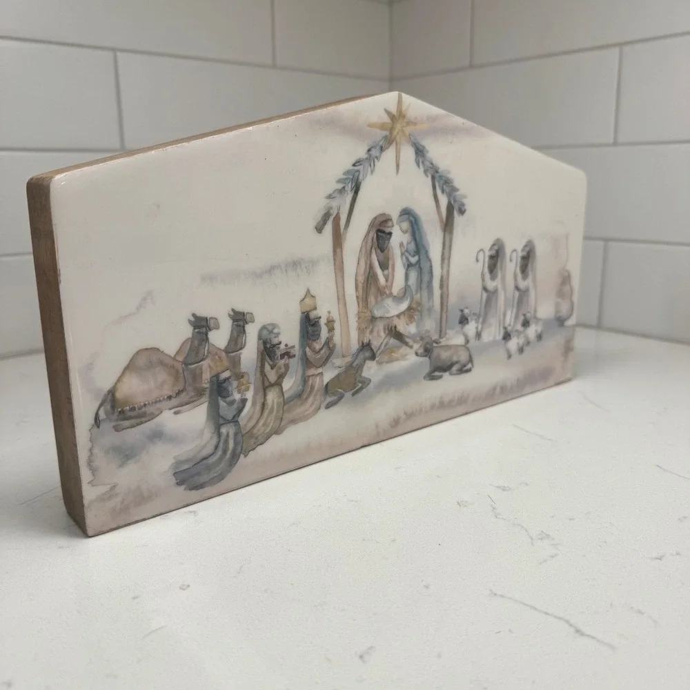 Nativity Scene Christmas Decor Wooden Religious Manger Decorative Art Block - Picture 2 of 7